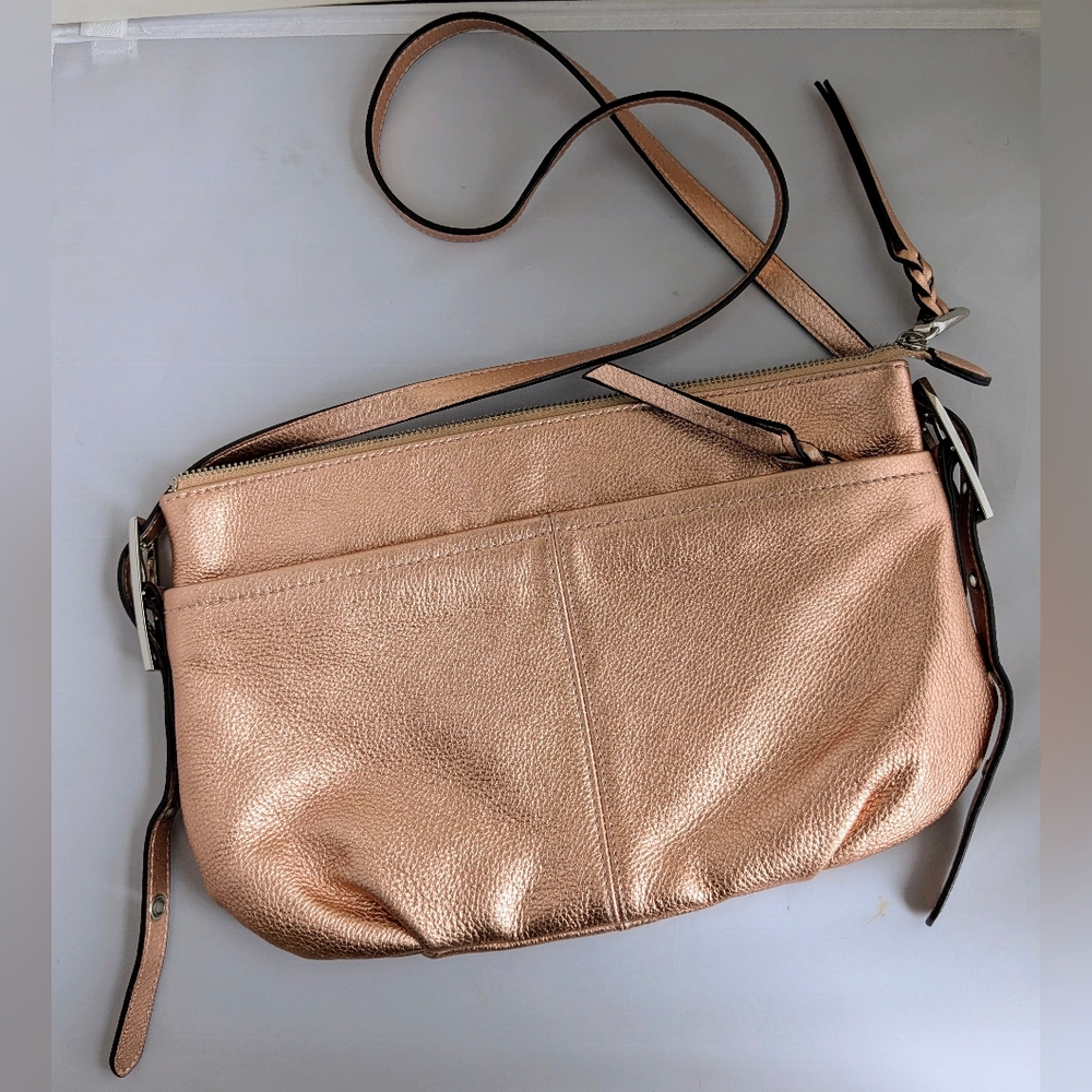 B Makowsky Leather Brown Metallic Rose Gold Shoulder Bag Cross Body Small